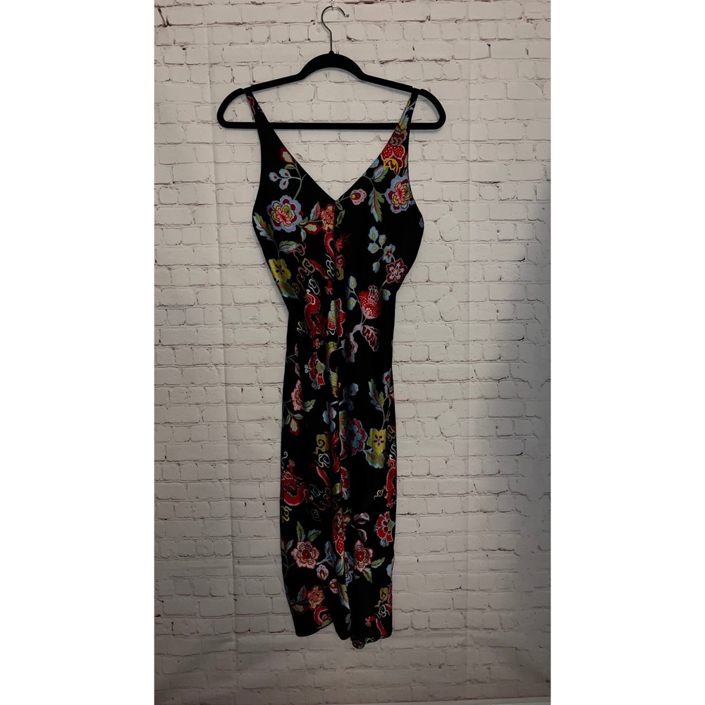 Natori Black Floral Print Slip Dress V Neck Spaghetti Straps Midi Night Gown XS